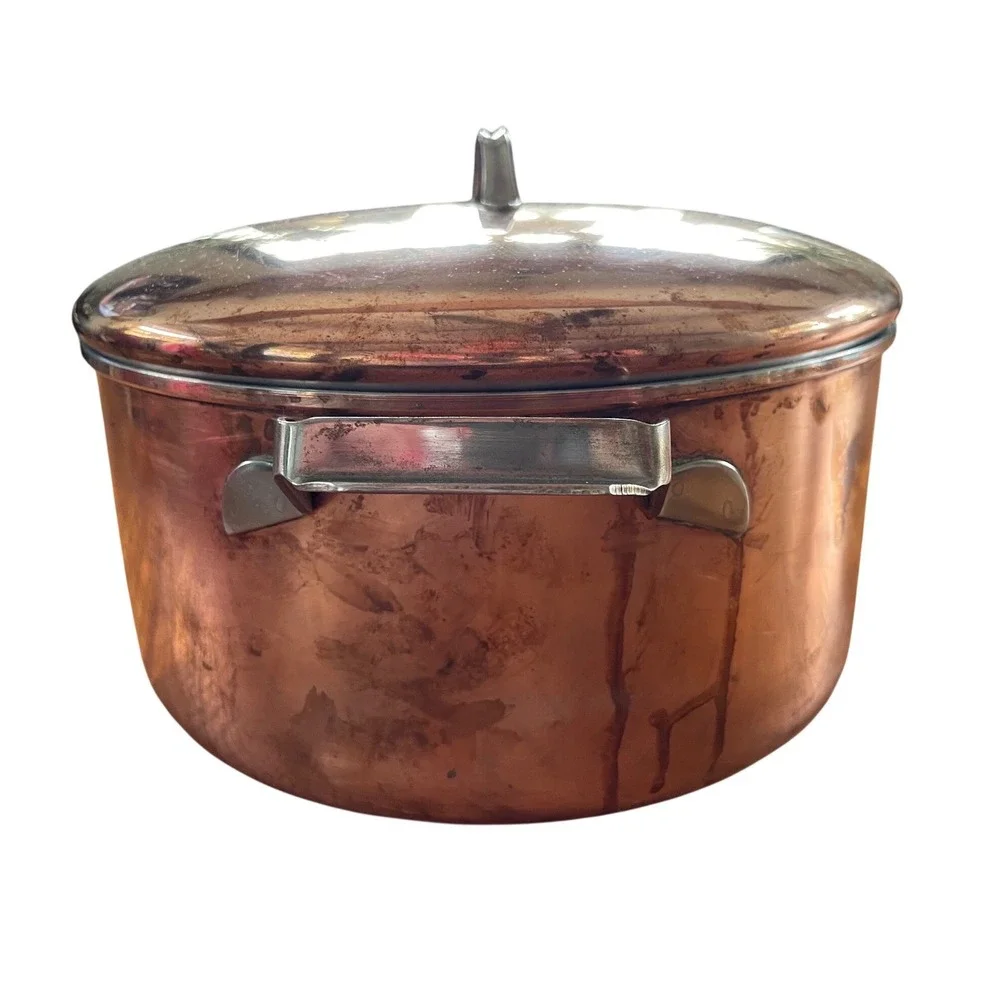 Vintage Copper Stock Pot with Lid Stainless Steel Lining 9 Inch Dutch Oven Pot